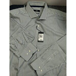 Hugo Boss Mens Slim Fit Striped Dress Shirt 17.5/44 Long Sleeve Blue & White